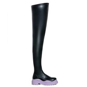 AZALEA WANG Black & Periwinkle Purple Thigh High Stretch Boots